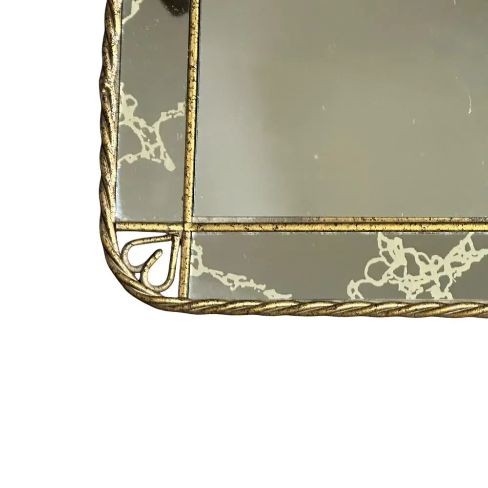 Homco Gold Tone Twisted Metal Frame Mirror Hanging or Table Top Vanity Tray Vtg